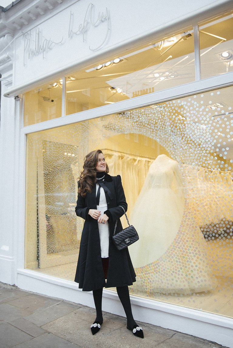 Rosie Thomas of The Londoner stands outside the Phillipa Lepley bridal shop in London.