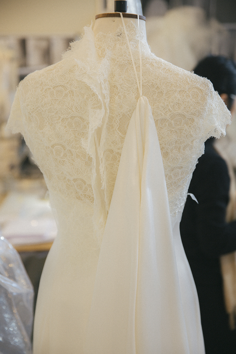 The back of a Phillipa Lepley wedding gown, mid-way through being handmade.