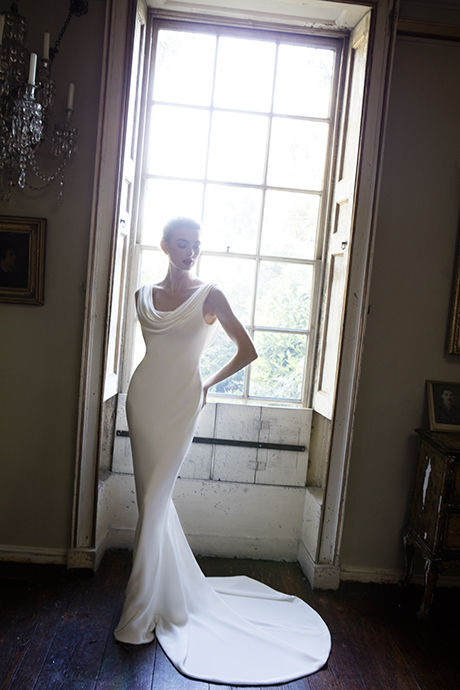 Phillipa Lepley Couture Wedding Dress London UK Designer Bespoke Couture Chausson Silk Crepe Slinky Wedding Dress Low Back Long Train Draped Front and Back Cowl Neckline 1635 460 x 490