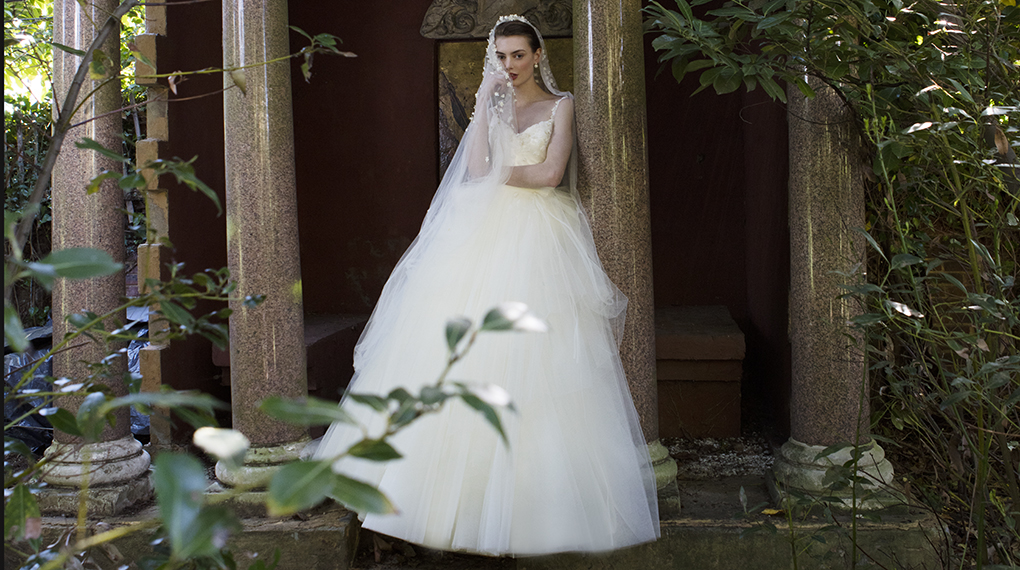 Phillipa Lepley Couture Wedding Dress London UK Designer Bespoke Couture Grand Tulle Surprise Tulle Full Skirted Wedding Dress with Thin Straps Embroidered Bodice Corset LANDSCAPE 1415 1020 X 570