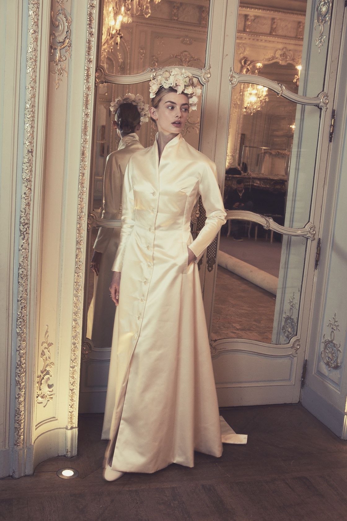 Phillipa-Lepley-Couture-Wedding-Dress-London-UK-Designer-Bespoke-Cornelia-Satin-Coat-Full-Length-Long-Sleeve-Heavy-Weight-Satin-High-Neck-Collar-Pockets