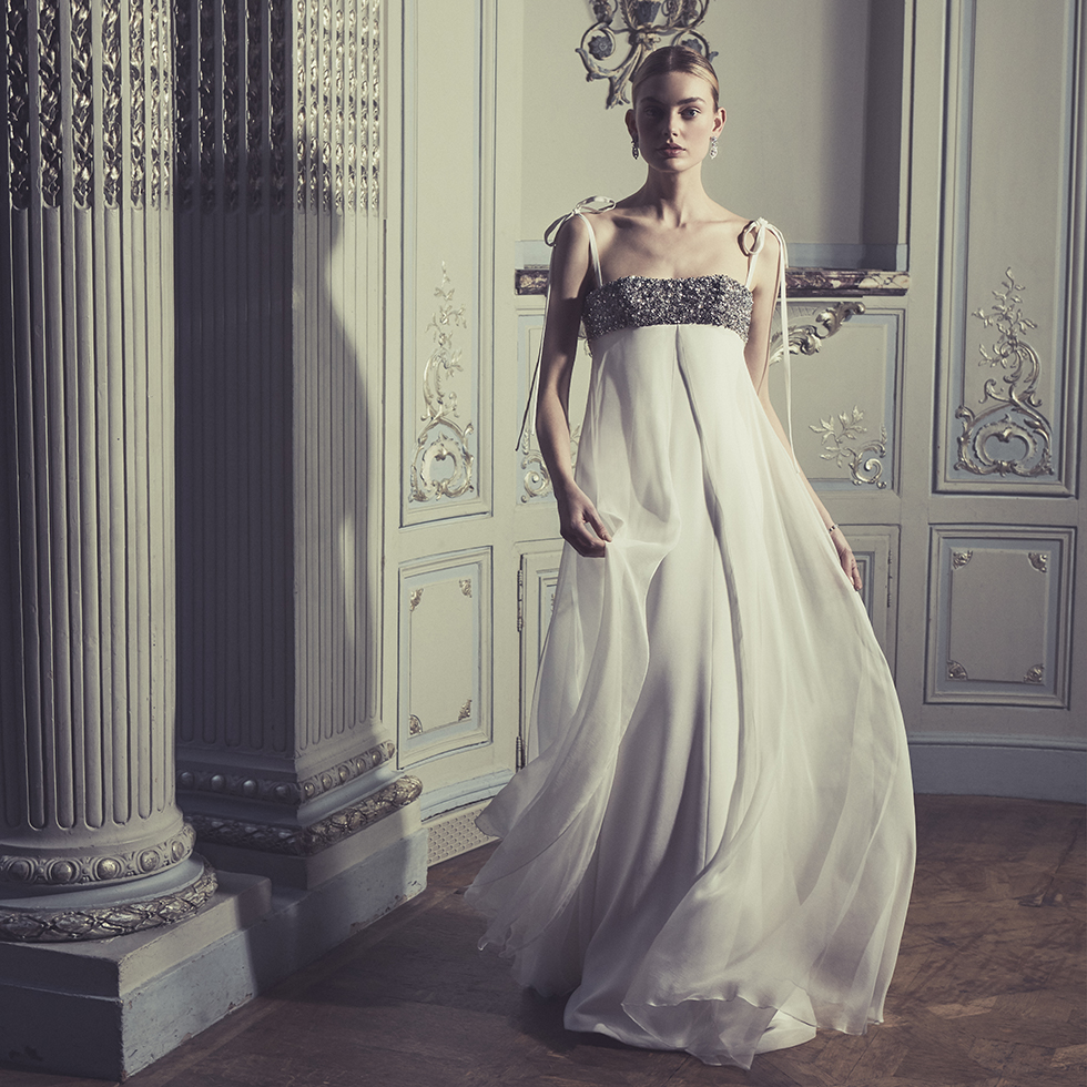 Phillipa-Lepley-Couture-Wedding-Dress-London-UK-Designer-Bespoke-Claudette-Rocks-Chiffon-Empire-Line-Bodice-Vintage-Diamantes-Bow-Straps-Gown-Corset