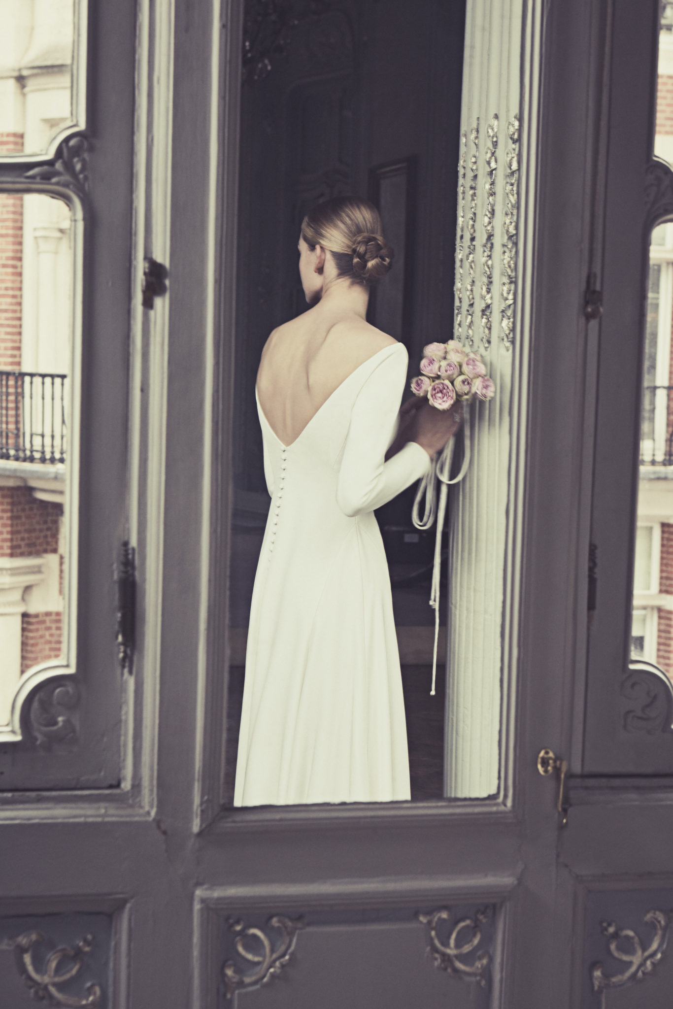 Phillipa-Lepley-Couture-Wedding-Dress-London-UK-Designer-Bespoke-Auteuil Crepe-Plain-Simple-Boat-Neckline-No-Corset-Slim-V-Neck-Back-Full-Length-Long-Sleeves-Crepe-Wedding-Gown-Colour-3